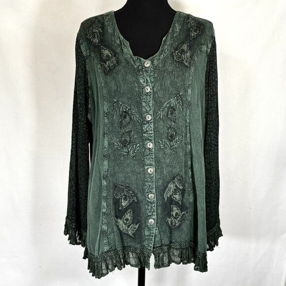 ROAMANS Boho Top Green Embroidered Button Shirt Forest Fairy - Picture 1 of 8